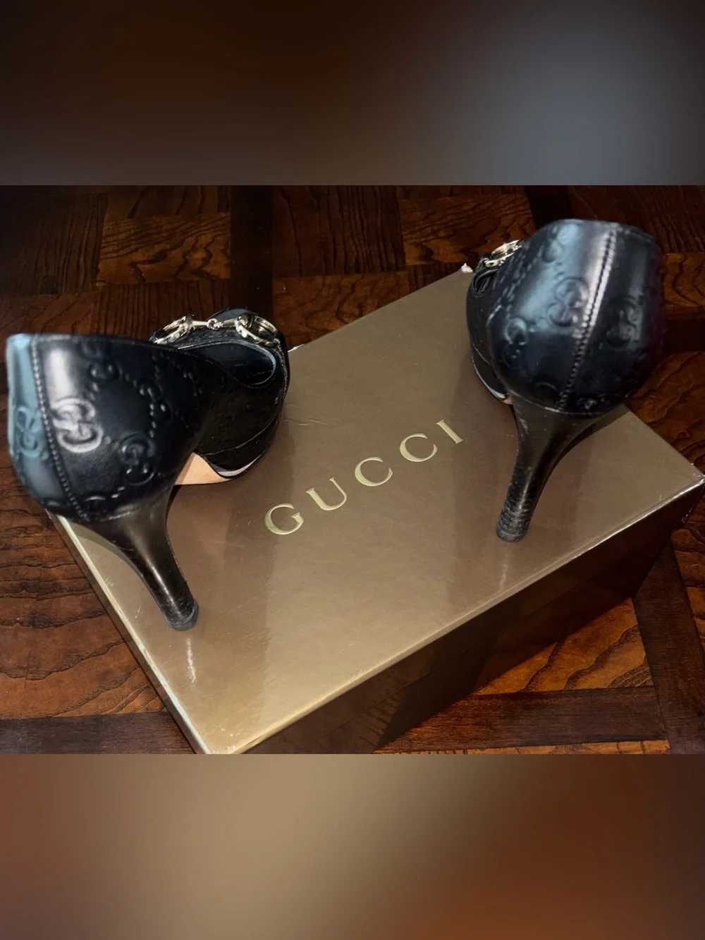 Gucci Black Leather Peep-Toe Heels with Gold Horsebit Accent